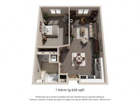 Floor plan for 1 bed, 1 bath, 620 sqft